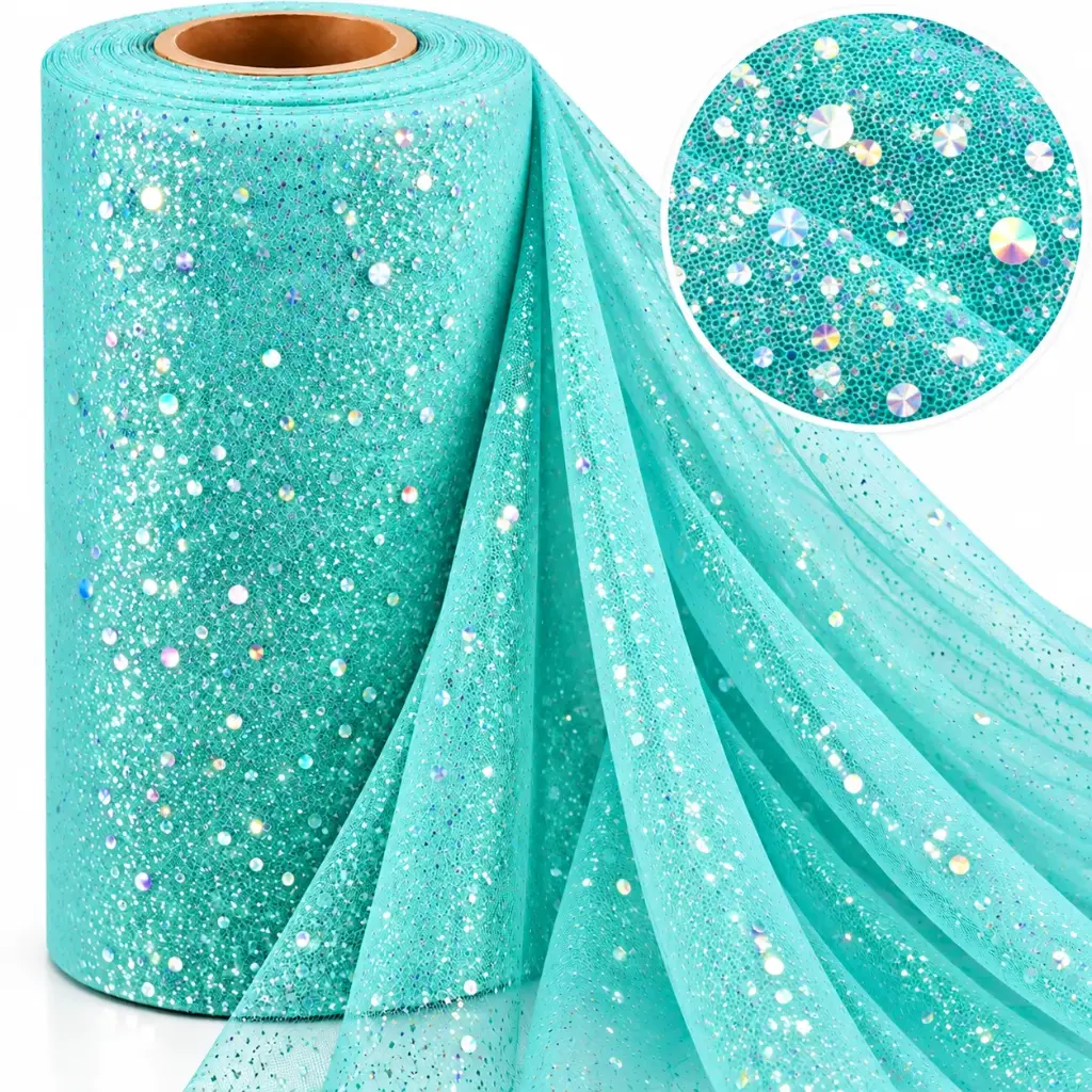 Tul Con Brillo Gliter Verde Aqua Claro 
