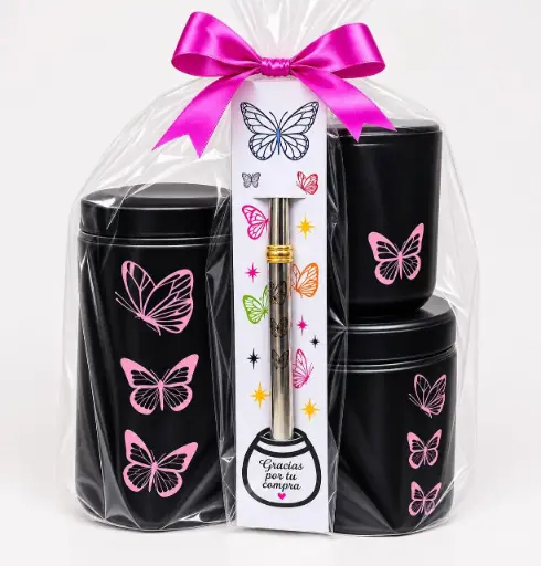 Set Latas + Mate + Bombilla Feliz Dia / Mariposa